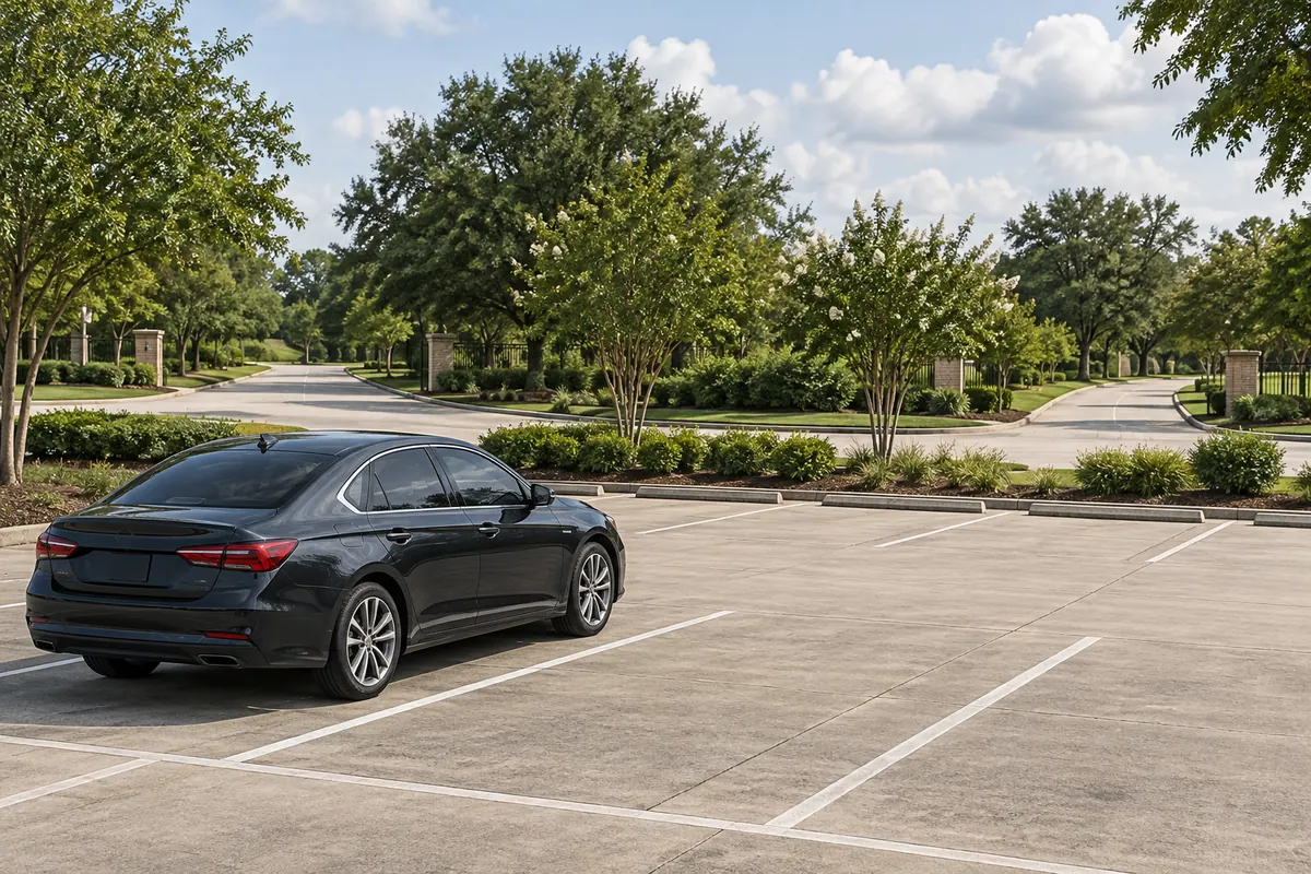 An unbranded sedan in a large paved lot with separate driveways in the distance.