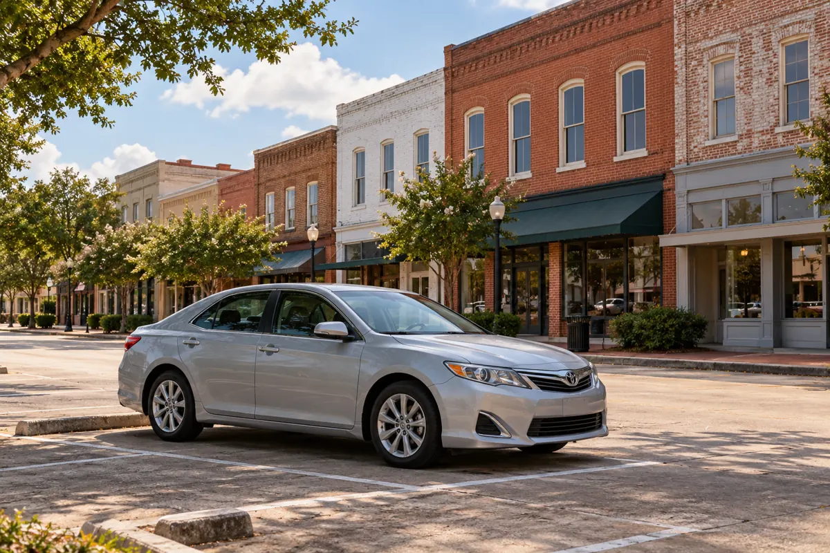 A silver sedan near a traditional Louisiana commercial block.