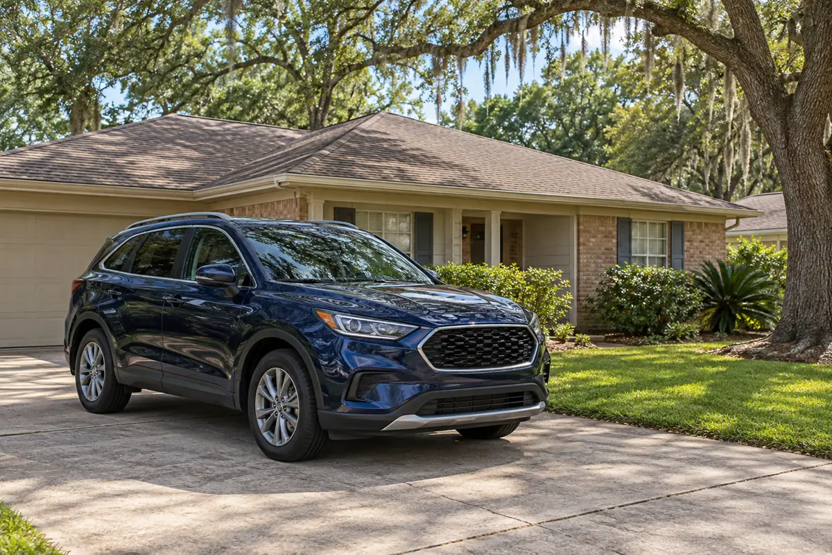 A blue SUV in a broad Louisiana residential driveway.