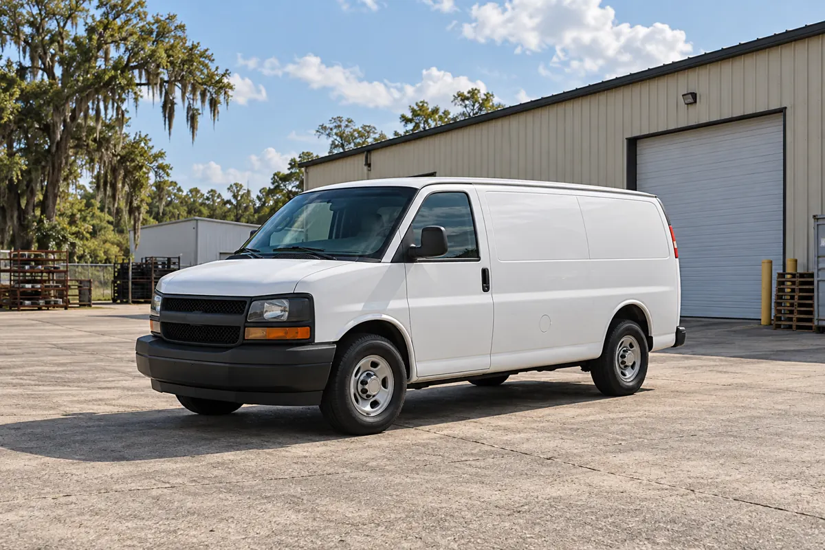 A white work van in an open Louisiana small-business yard.